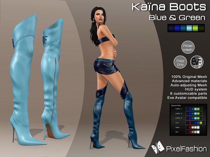 :)(: Kaina Boots Mesh -  Blue &Green - Fitted Mesh  - Classic Avatars + Eve Avatars compatible