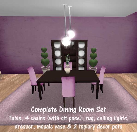 Dining Room Set with ceiling lights topiary Dresser Rug & vase