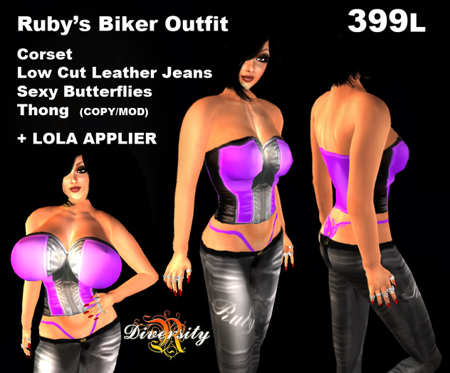 BLACK LEATHER RUBY JEANS/CORSET/THONG - LOLAS APPLIER INC - DIVERSITY CLOTHES