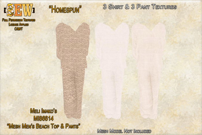 [SEW] Full Permission Textures for MI86614 Mesh Men's Beach Outfit Homespun
