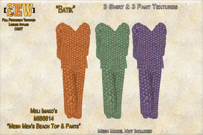 [SEW] Full Permission Textures for MI86614 Mesh Men's Beach Outfit Batik
