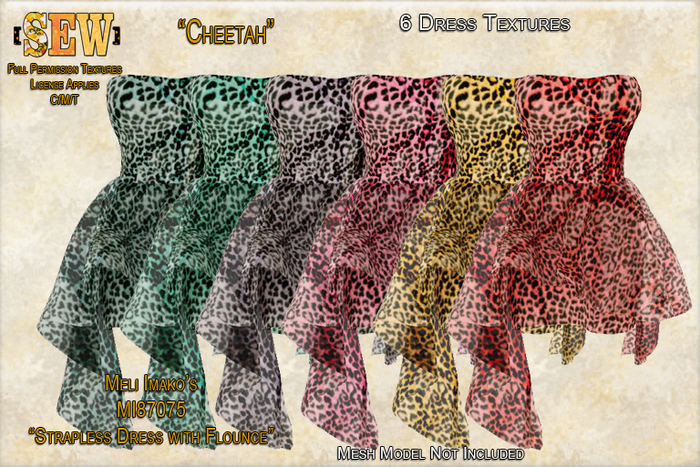 [SEW] Full Permission Textures for MI87075 Strapless Dress with over flouncing ruffle Cheetah