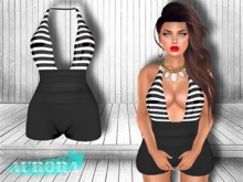 AURORA - Mesh Halter High Waist Playsuit - Black Stripe