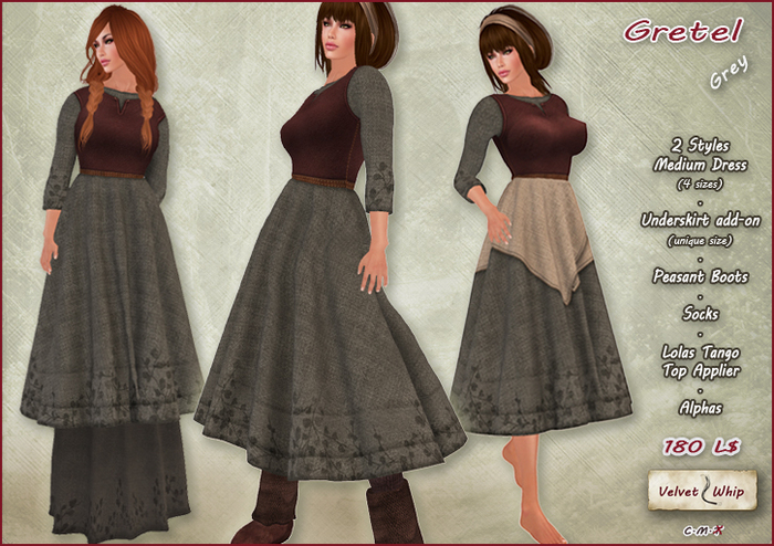 Second Life Marketplace - [V/W] Gretel Grey - Medieval fantasy peasant dress  in 2 styles, underskirt add-on, socks, boots, Lolas Tango applier