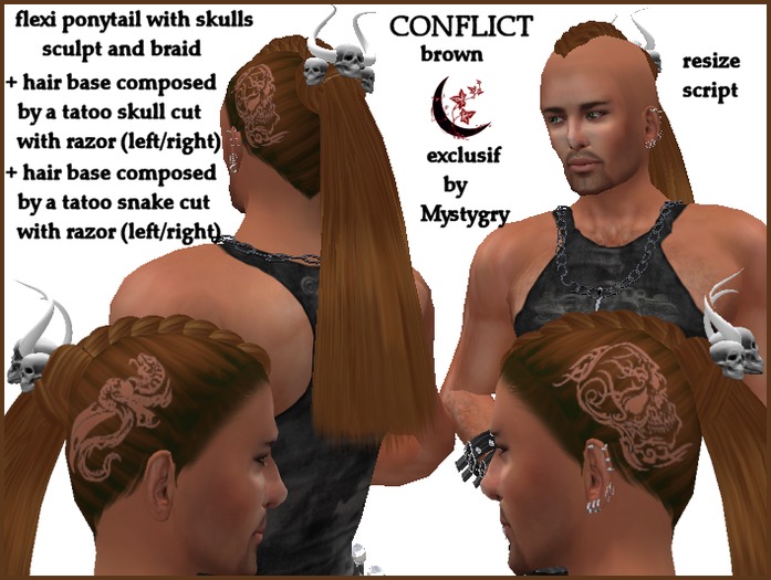 Conflict brown ponytail skull braid snake and skull cut with razor in the hair base , with resize script