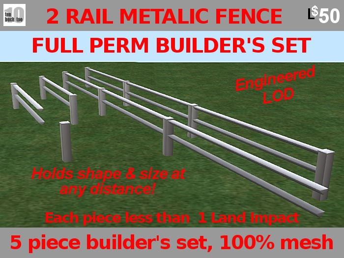 FULL PERM Metallic Fence or Railing BUILDERS SET with 2 Triangular Rails Eng LOD Mesh