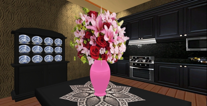 Princess Roses and Lilies in Baby Pink Vase - Sculpted 2 Prims - with Resizer and Fullbright On/Off