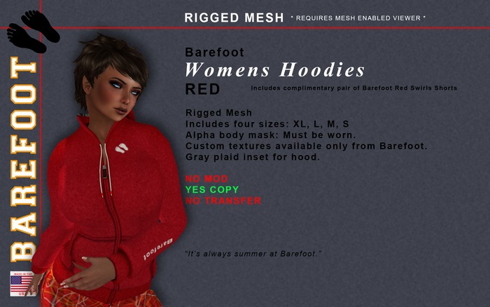 Barefoot Female Hoodies / Red   Rigged MESH