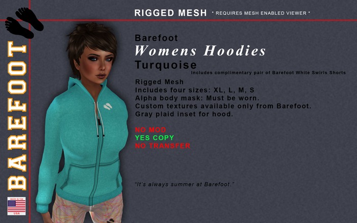 Barefoot Female Hoodies / Turquoise   Rigged MESH