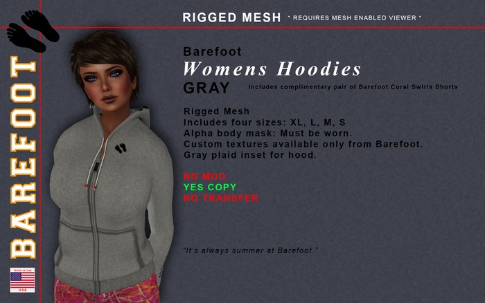 Barefoot Female Hoodies / Gray   Rigged MESH