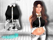 AURORA - Mesh Hi Lo Button Up - Black & White Acid Wash