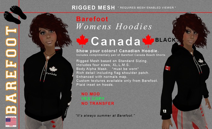 Barefoot Female Hoodies / Canada BLACK Rigged MESH