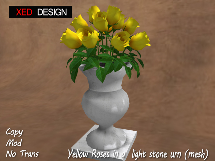 XD Yellow Roses in a light stone urn (mesh)