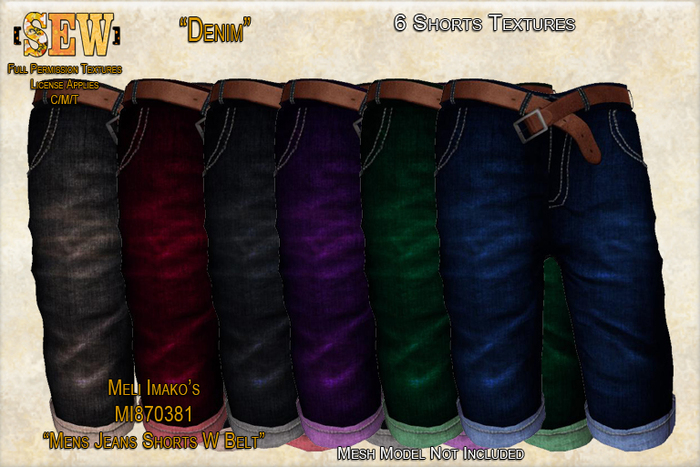 [SEW] Full Permission Textures for MI870381 Mens Jeans Shorts W Belt Denim