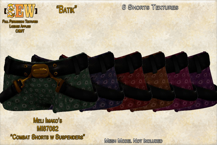 [SEW] Full Permission Textures for MI87082 Combat Shorts w Suspenders Batik