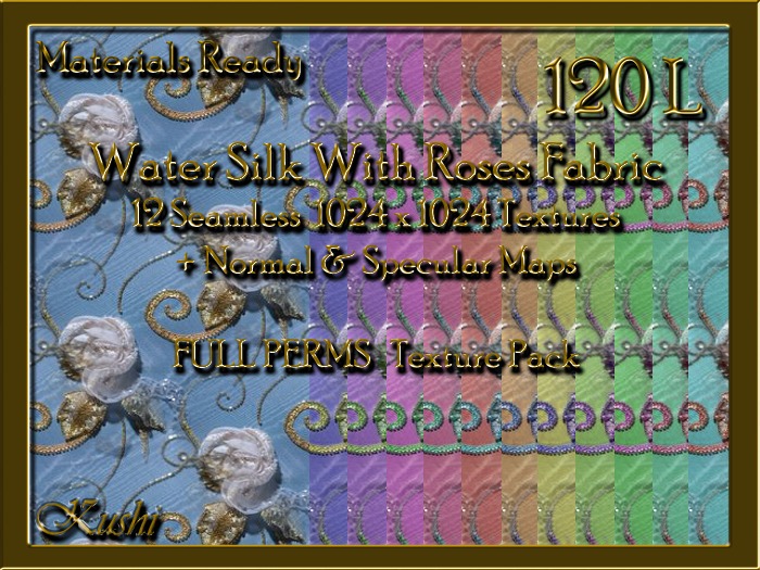 *Kushi* Water Silk With Roses Fabric Seamless Textures Materials Ready Full Perms High Res 1024x1024 Tileable Repeating