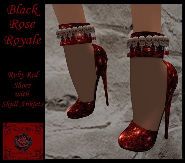 S.R.D. BLACK ROSE RUBY RED SHOES & SKULL ANKLETS