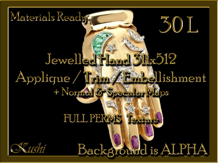 *Kushi* Jewelled Hand 311x512  Applique / Embellishment / Trim with Alpha Full Perms Materials Ready