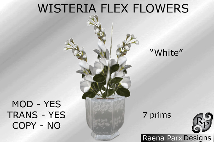 WHITE WISTERIA FLEX FLOWERS IN VASE  - *RPD*