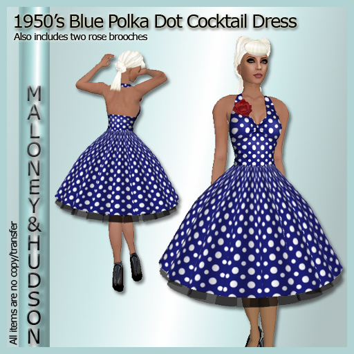 Ladies 1950's Blue Polka Dot Cocktail Dress