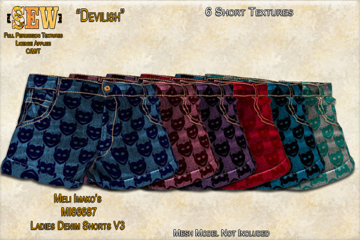 [SEW]Full Permission Textures for MI86687 Ladies Denim Shorts V3 Devilish