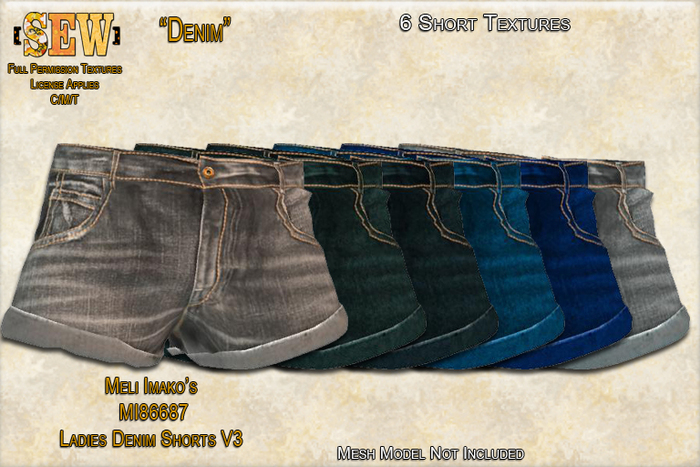 [SEW]Full Permission Textures for MI86687 Ladies Denim Shorts V3 Denim