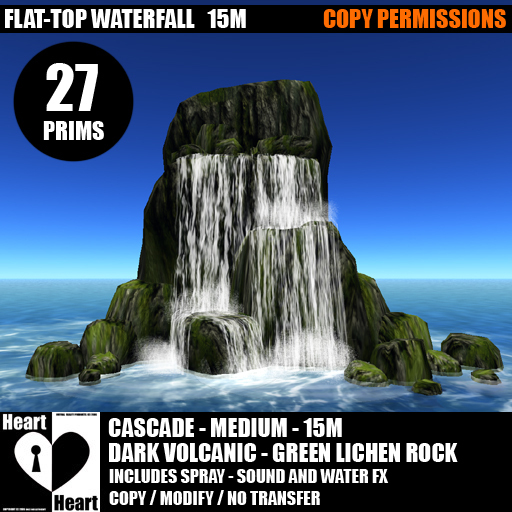Waterfalls – Flattop Cascade Waterfall – Dark Volcanic Green Lichen Rocks – 15m