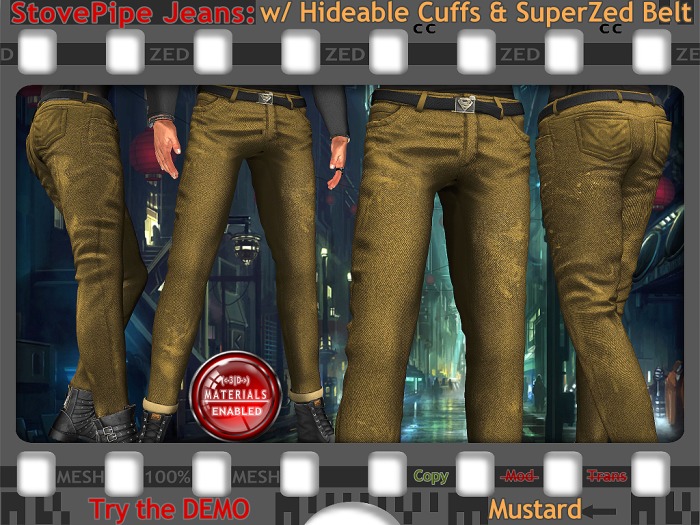 ZED MESH MATERIALS ENABLED: Mustard Jeans with Hideable Cuffs + SuperZed Belt. Available in 6 Colours