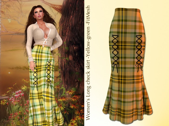 Women's Long check skirt -Yellow-green -FitMesh