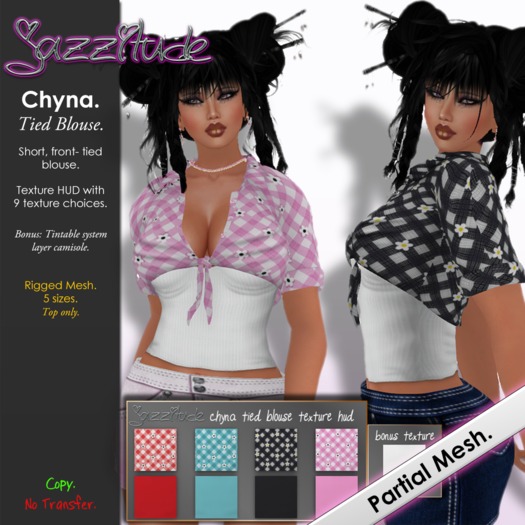 :jazzitude: Chyna: Mesh Tied Blouse on Texture HUD with Bonus Tintable System Layer Camisole