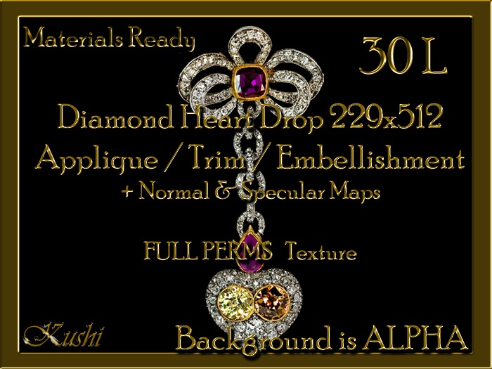 Diamond Heart Drop 229x512 Applique / Jewel / Embellishment / Trim with Alpha Full Perms Materials Ready