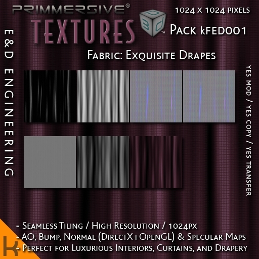 [kFED001] 1024px Curtain and Drapes Kits with Ambient Occlusion, Bump, Normal, and Specular Maps by E&D ENGINEERING