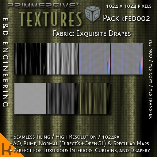 [kFED002] 1024px Curtain and Drapes Kits with Ambient Occlusion, Bump, Normal, and Specular Maps by E&D ENGINEERING